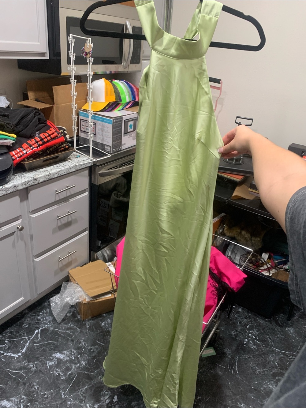#73 Cider Light Green Satin Halter Maxi Dress